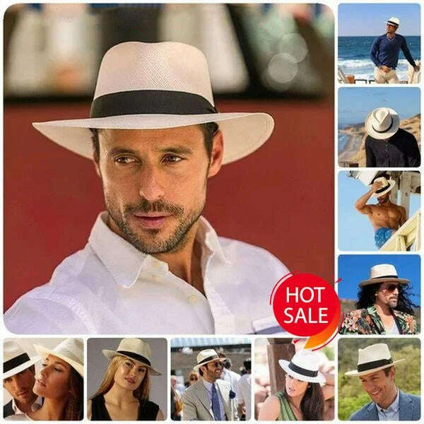 Adjustable Classic Panama Hat-Handmade In Ecuador Sun Hats for Women Man Beach Straw Hat for Men UV Protection Cap - KIMLUD