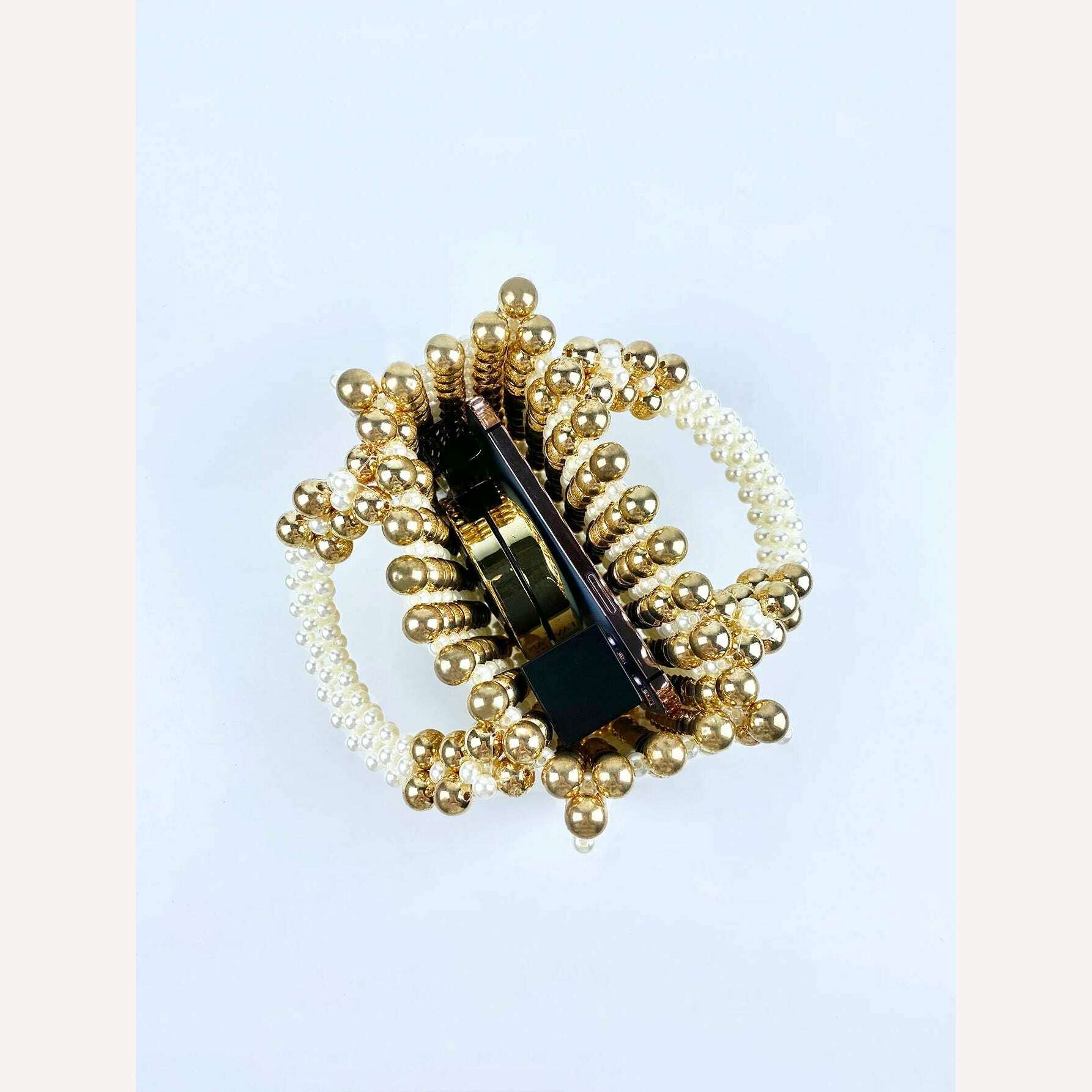 Advanced mobile phone bag with gold round beads, acrylic handheld beaded handmade women's bag, fashionable casual dinner bag - KIMLUD