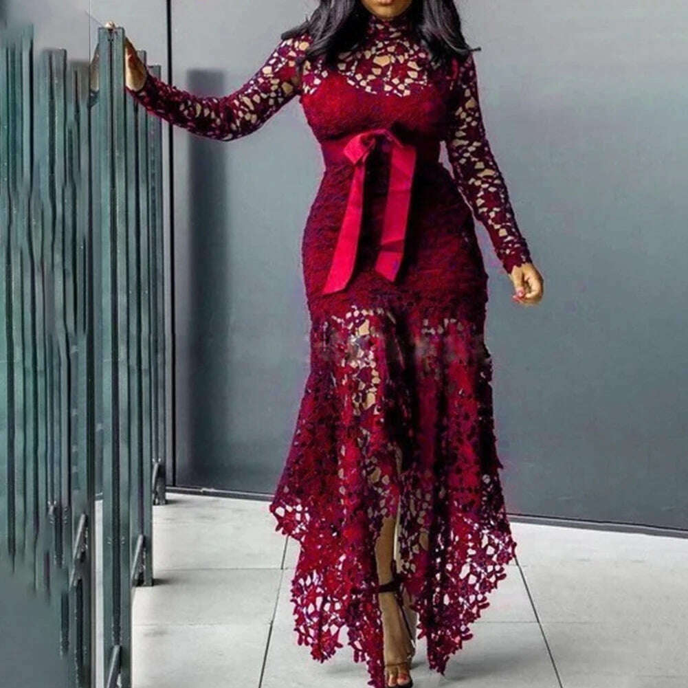 KIMLUD, Affordable Brand New Dress Lace Women Dress Bodycon Evening Party Ladies Maxi Dresses Long Sleeve Plus Size Prom, Wine red / CHINA / XL, KIMLUD APPAREL - Womens Clothes