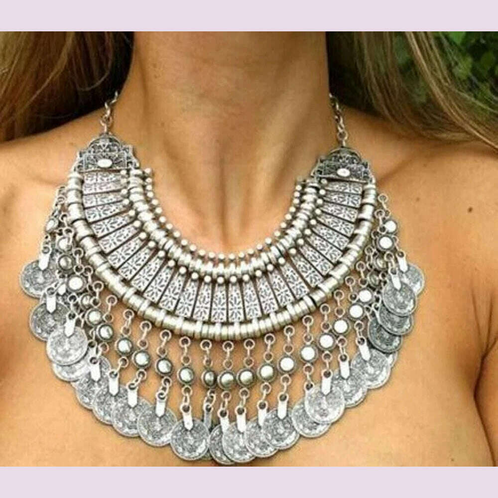 Afghan Vintage Silver Color Metal Coin Necklaces Earrings Sets for Women Boho Turkish Choker Coin Necklaces Female Jewelry Sets - KIMLUD