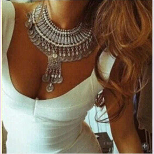Afghan Vintage Silver Color Metal Coin Necklaces Earrings Sets for Women Boho Turkish Choker Coin Necklaces Female Jewelry Sets - KIMLUD
