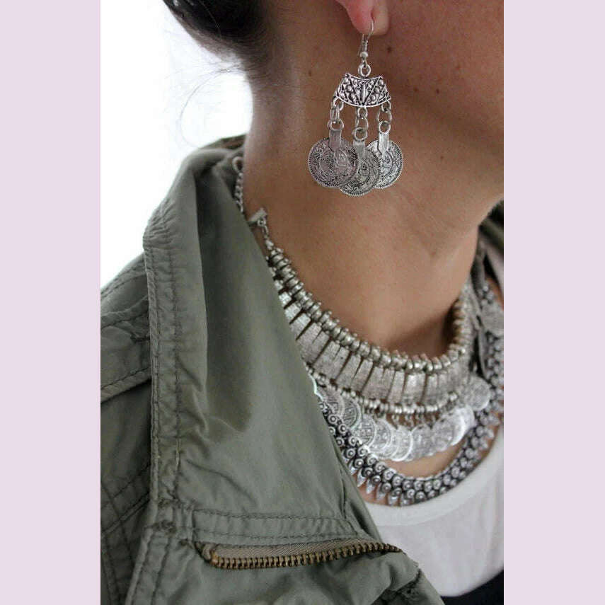 Afghan Vintage Silver Color Metal Coin Necklaces Earrings Sets for Women Boho Turkish Choker Coin Necklaces Female Jewelry Sets - KIMLUD