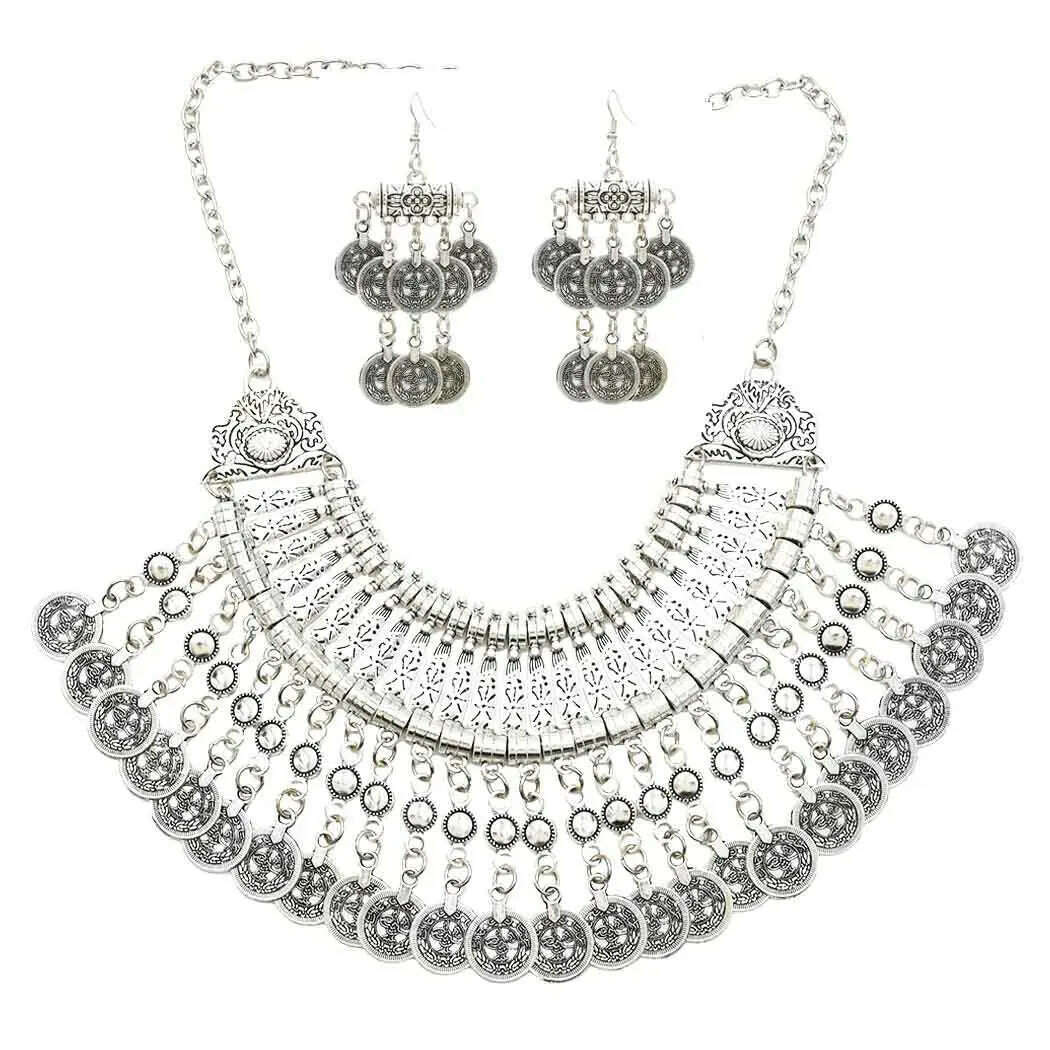 Afghan Vintage Silver Color Metal Coin Necklaces Earrings Sets for Women Boho Turkish Choker Coin Necklaces Female Jewelry Sets - KIMLUD