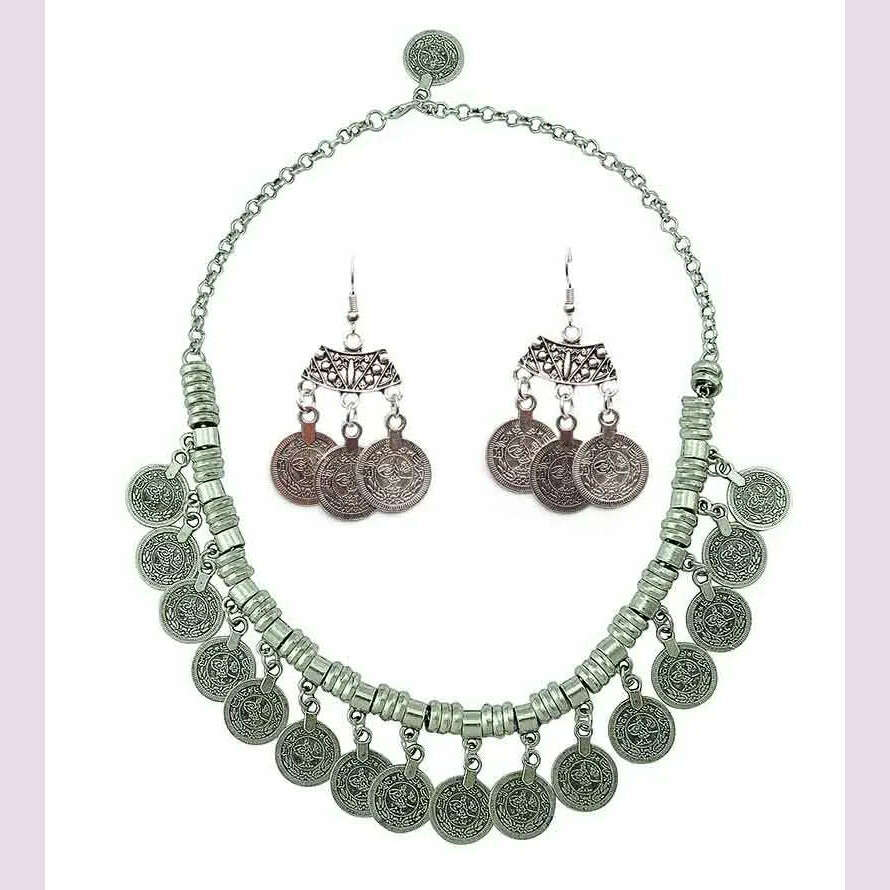 Afghan Vintage Silver Color Metal Coin Necklaces Earrings Sets for Women Boho Turkish Choker Coin Necklaces Female Jewelry Sets - KIMLUD