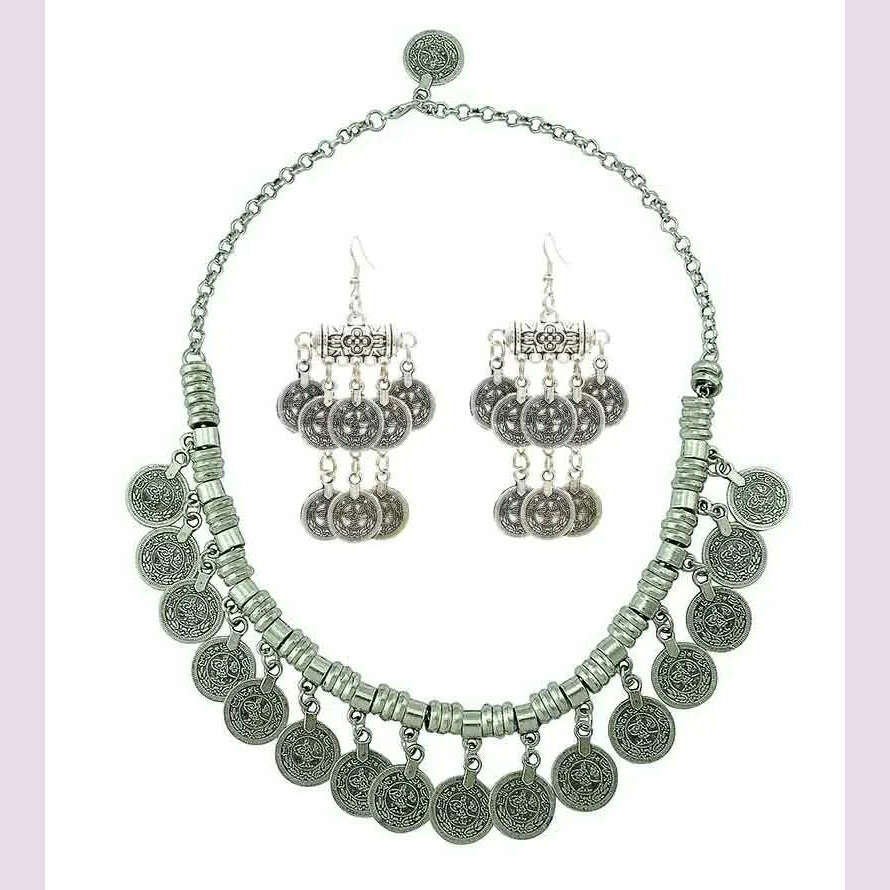 Afghan Vintage Silver Color Metal Coin Necklaces Earrings Sets for Women Boho Turkish Choker Coin Necklaces Female Jewelry Sets - KIMLUD
