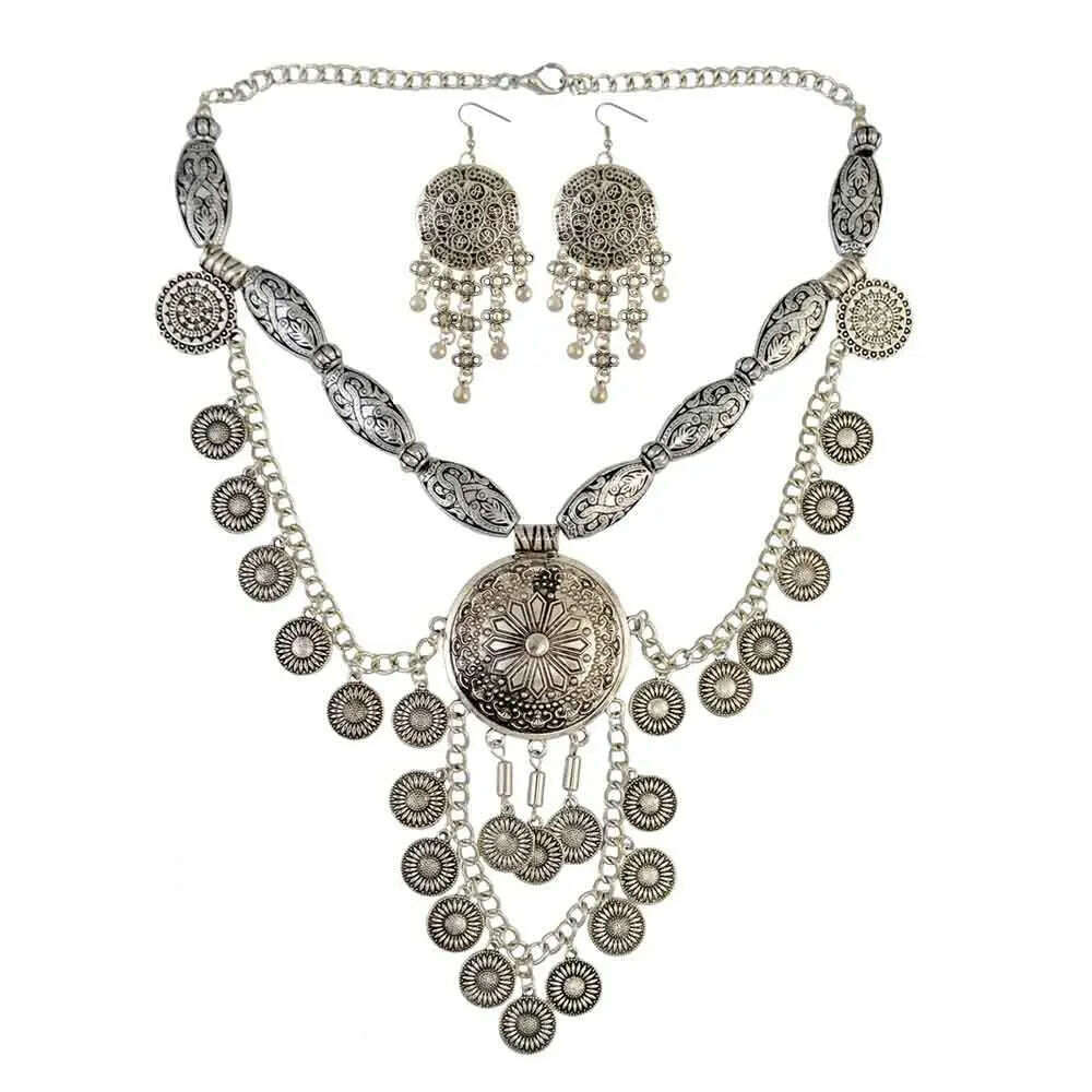 Afghan Vintage Silver Color Metal Coin Necklaces Earrings Sets for Women Boho Turkish Choker Coin Necklaces Female Jewelry Sets - KIMLUD