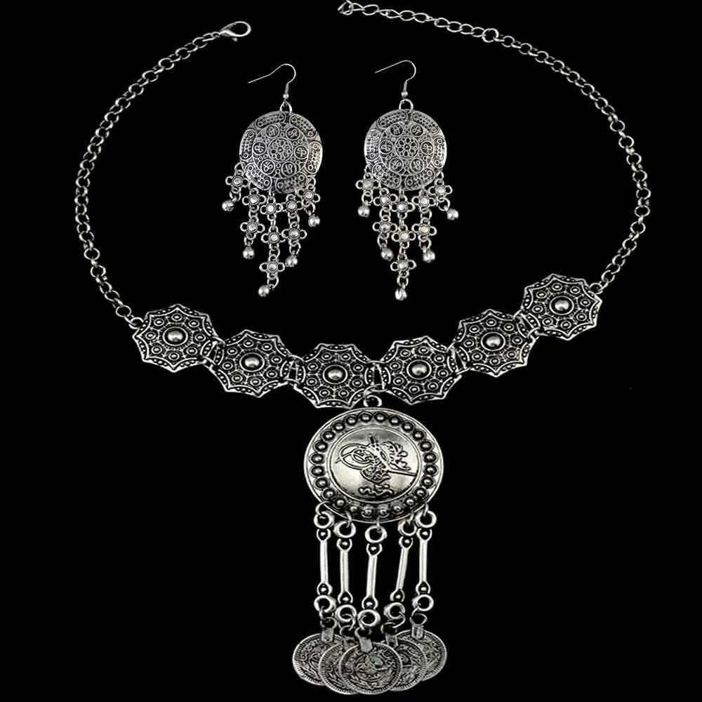 Afghan Vintage Silver Color Metal Coin Necklaces Earrings Sets for Women Boho Turkish Choker Coin Necklaces Female Jewelry Sets - KIMLUD