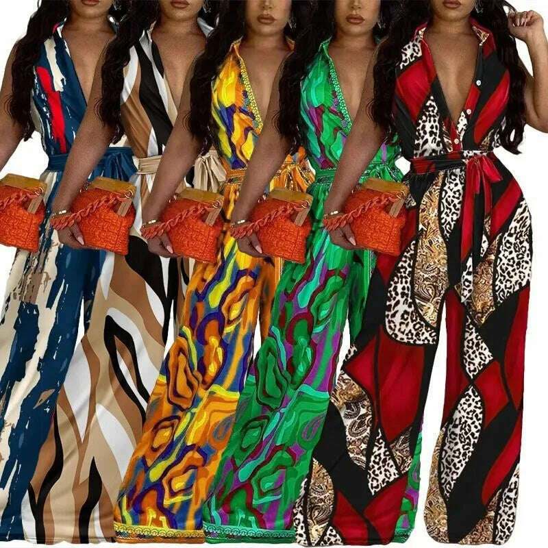 KIMLUD, African Casual Women's Jumpsuit Playsuit Loose Wide Legs Long Pants Printed V Neck Sleeveless African Clothing 2023 Autumn 2XL, KIMLUD Womens Clothes