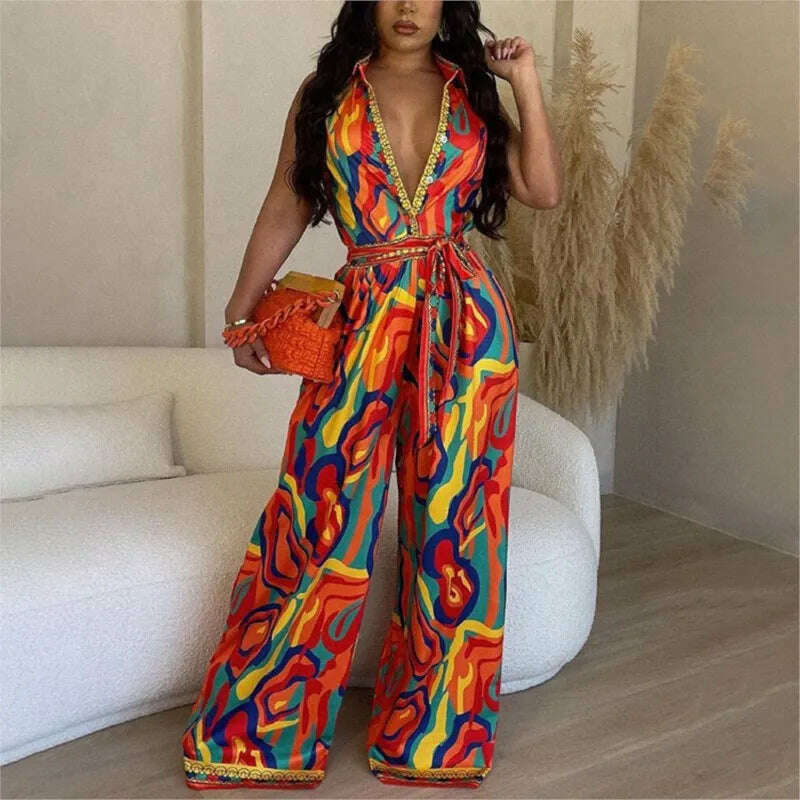 KIMLUD, African Casual Women's Jumpsuit Playsuit Loose Wide Legs Long Pants Printed V Neck Sleeveless African Clothing 2023 Autumn 2XL, Picture color / M, KIMLUD Womens Clothes