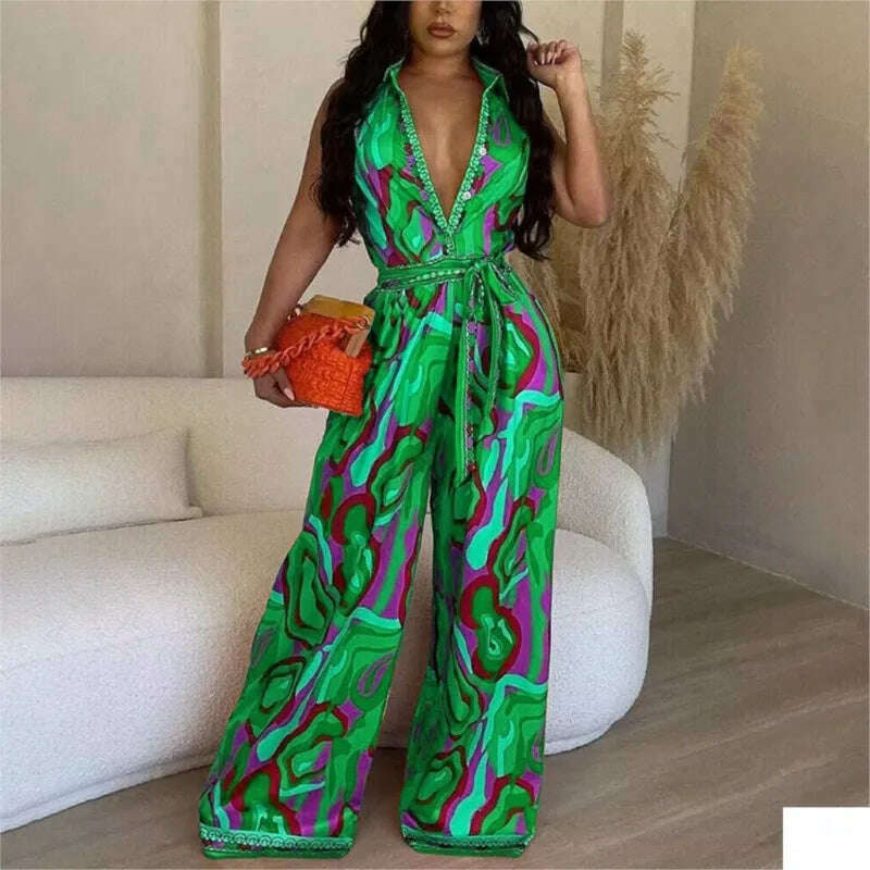KIMLUD, African Casual Women's Jumpsuit Playsuit Loose Wide Legs Long Pants Printed V Neck Sleeveless African Clothing 2023 Autumn 2XL, Picture color 3 / M, KIMLUD Womens Clothes