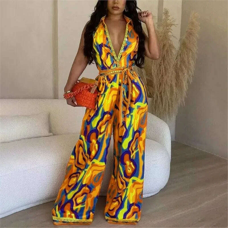 KIMLUD, African Casual Women's Jumpsuit Playsuit Loose Wide Legs Long Pants Printed V Neck Sleeveless African Clothing 2023 Autumn 2XL, Picture color 4 / M, KIMLUD Womens Clothes