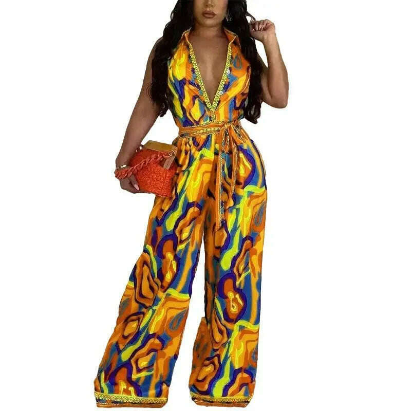 KIMLUD, African Casual Women's Jumpsuit Playsuit Loose Wide Legs Long Pants Printed V Neck Sleeveless African Clothing 2023 Autumn 2XL, KIMLUD Womens Clothes
