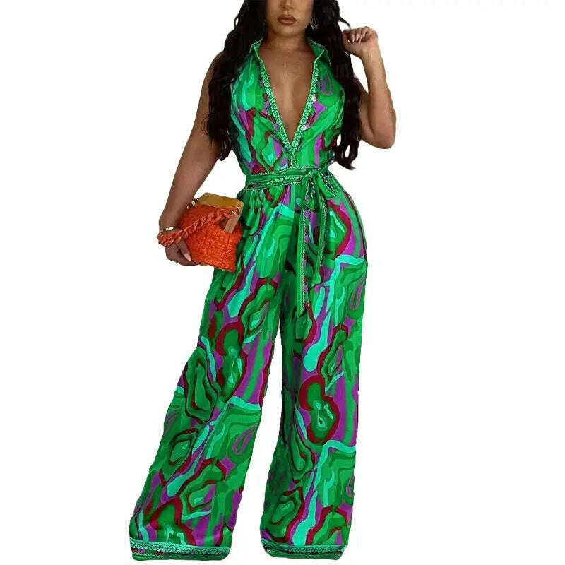 KIMLUD, African Casual Women's Jumpsuit Playsuit Loose Wide Legs Long Pants Printed V Neck Sleeveless African Clothing 2023 Autumn 2XL, KIMLUD Womens Clothes