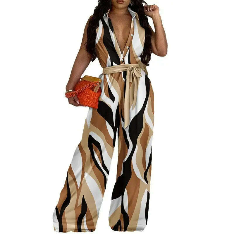 KIMLUD, African Casual Women's Jumpsuit Playsuit Loose Wide Legs Long Pants Printed V Neck Sleeveless African Clothing 2023 Autumn 2XL, KIMLUD Womens Clothes