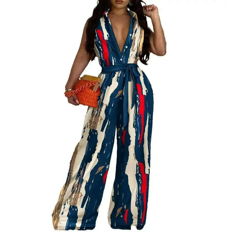 KIMLUD, African Casual Women's Jumpsuit Playsuit Loose Wide Legs Long Pants Printed V Neck Sleeveless African Clothing 2023 Autumn 2XL, KIMLUD Womens Clothes