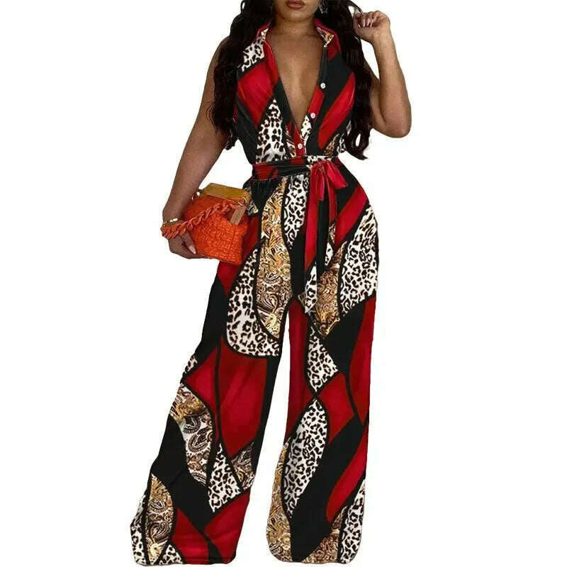 KIMLUD, African Casual Women's Jumpsuit Playsuit Loose Wide Legs Long Pants Printed V Neck Sleeveless African Clothing 2023 Autumn 2XL, KIMLUD Womens Clothes