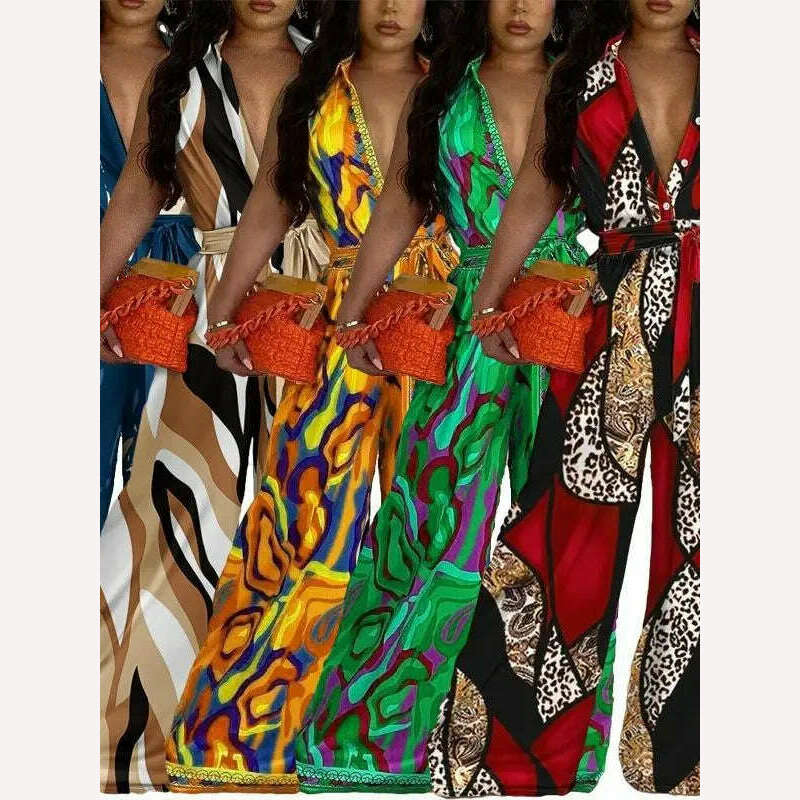 KIMLUD, African Casual Women's Jumpsuit Playsuit Loose Wide Legs Long Pants Printed V Neck Sleeveless African Clothing 2023 Autumn 2XL, KIMLUD Womens Clothes