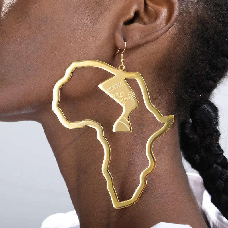 KIMLUD, African Map Earring Egyptian Queen Nefertiti Stud Earrings For Women Gold Color Fashion Jewelry African Ethnic Gifts, KIMLUD Women's Clothes