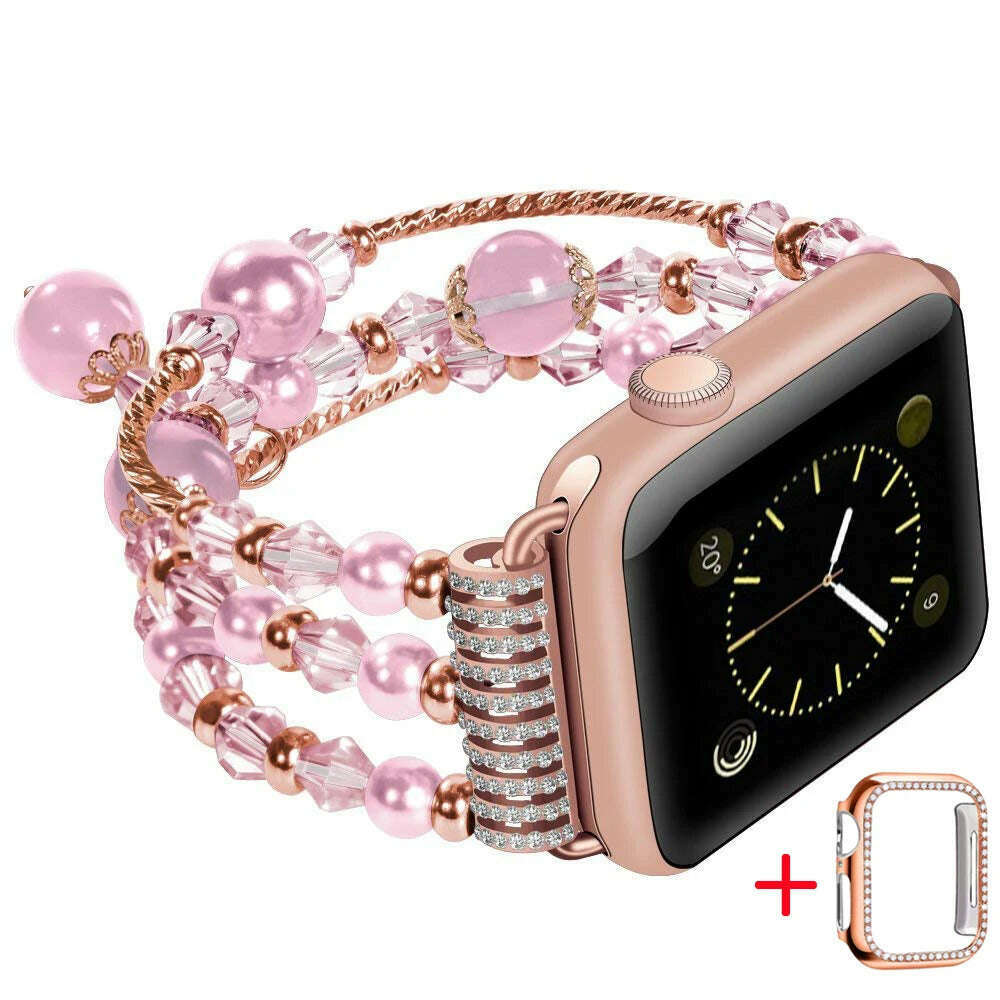 KIMLUD, Agate pearl strap for Apple Watch 5 4 3 series 44mm / 40mm iwatch 6 SE series 42mm 38mm fashion style luxury flexible bracelet, 03 Jinziyu / 44mm, KIMLUD Womens Clothes