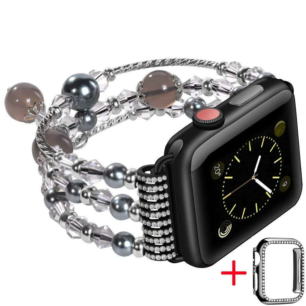 KIMLUD, Agate pearl strap for Apple Watch 5 4 3 series 44mm / 40mm iwatch 6 SE series 42mm 38mm fashion style luxury flexible bracelet, 03 Grey crystal / 44mm, KIMLUD Womens Clothes