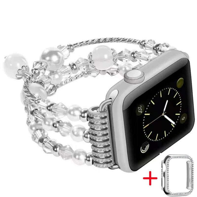 KIMLUD, Agate pearl strap for Apple Watch 5 4 3 series 44mm / 40mm iwatch 6 SE series 42mm 38mm fashion style luxury flexible bracelet, 03 White crystal / 44mm, KIMLUD Womens Clothes