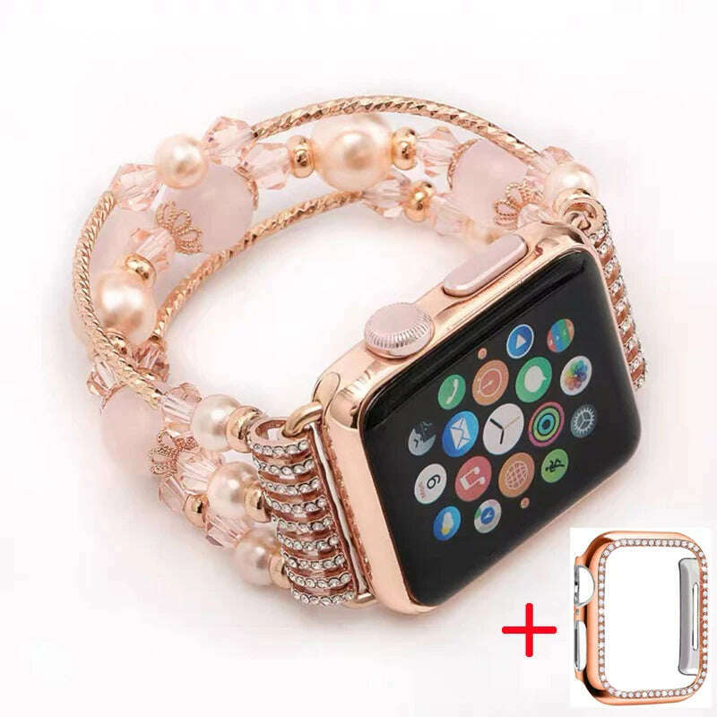 KIMLUD, Agate pearl strap for Apple Watch 5 4 3 series 44mm / 40mm iwatch 6 SE series 42mm 38mm fashion style luxury flexible bracelet, 03 Pink Crystal / 44mm, KIMLUD Womens Clothes