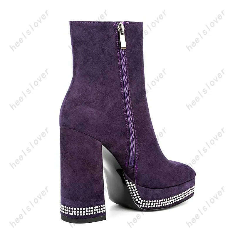 KIMLUD, Ahhlsion Women Winter Ankle Boots Platform Chuny Heels Square Toe Pretty Red Purple Party Shoes Ladies US Plus Size 5-9, KIMLUD Womens Clothes
