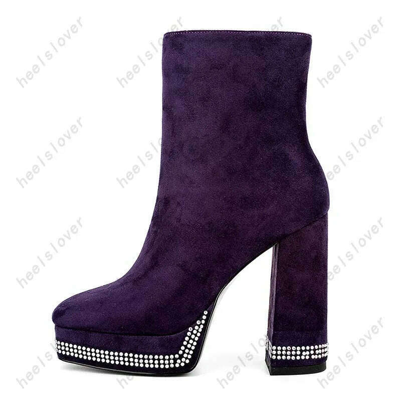 KIMLUD, Ahhlsion Women Winter Ankle Boots Platform Chuny Heels Square Toe Pretty Red Purple Party Shoes Ladies US Plus Size 5-9, C0570 Purple / 5, KIMLUD Womens Clothes