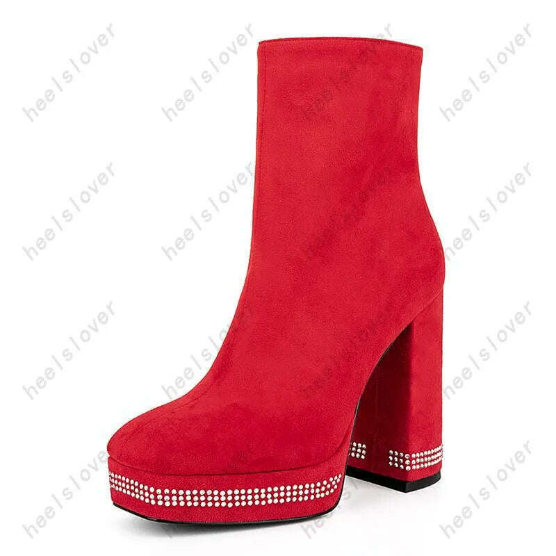 KIMLUD, Ahhlsion Women Winter Ankle Boots Platform Chuny Heels Square Toe Pretty Red Purple Party Shoes Ladies US Plus Size 5-9, C0570 Red / 5, KIMLUD Womens Clothes