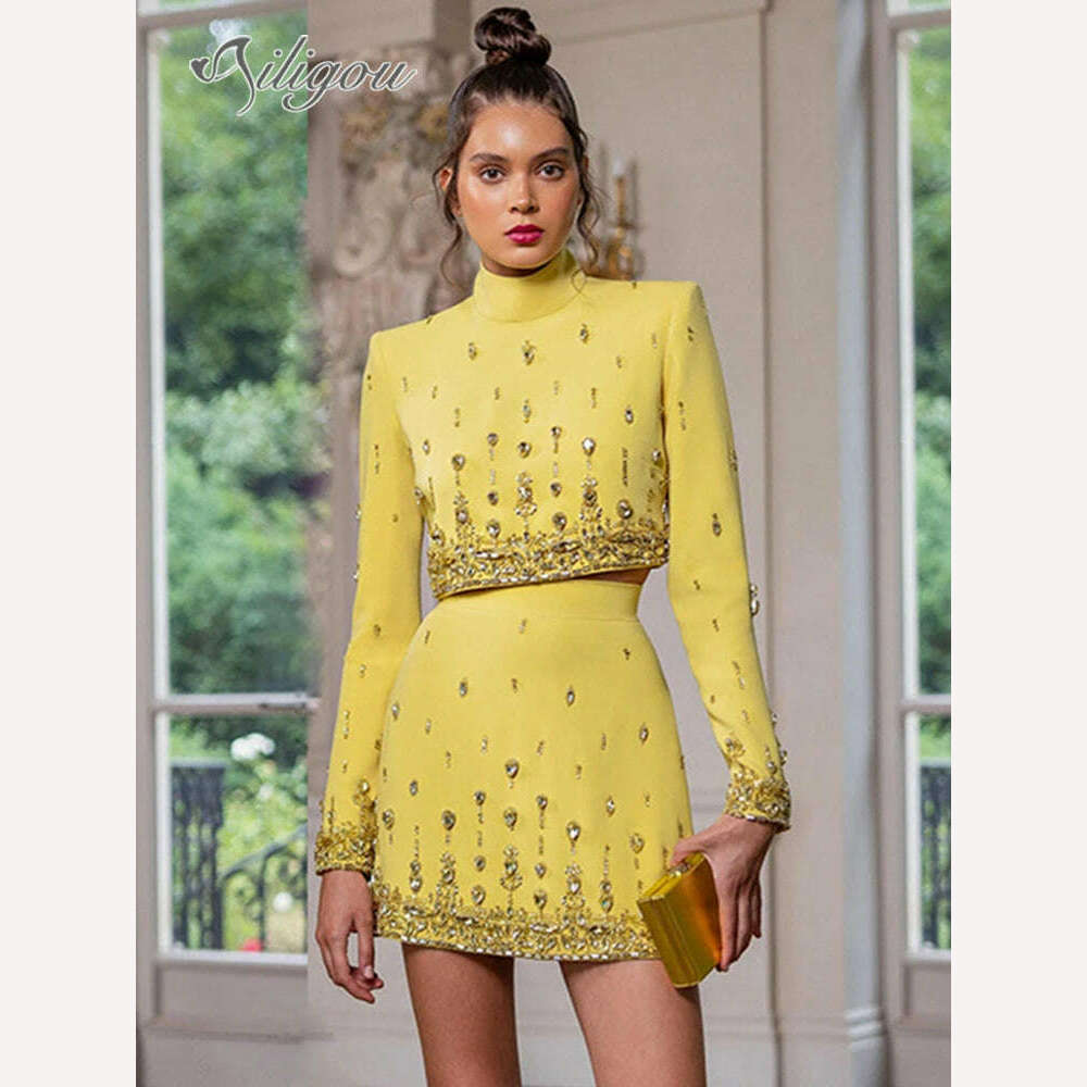 KIMLUD, Ailigou 2023 New Autumn Women's Fashion Sexy Diamond Beaded Short Top+Dress Yellow Two Piece Suit Set High Quality, KIMLUD Womens Clothes