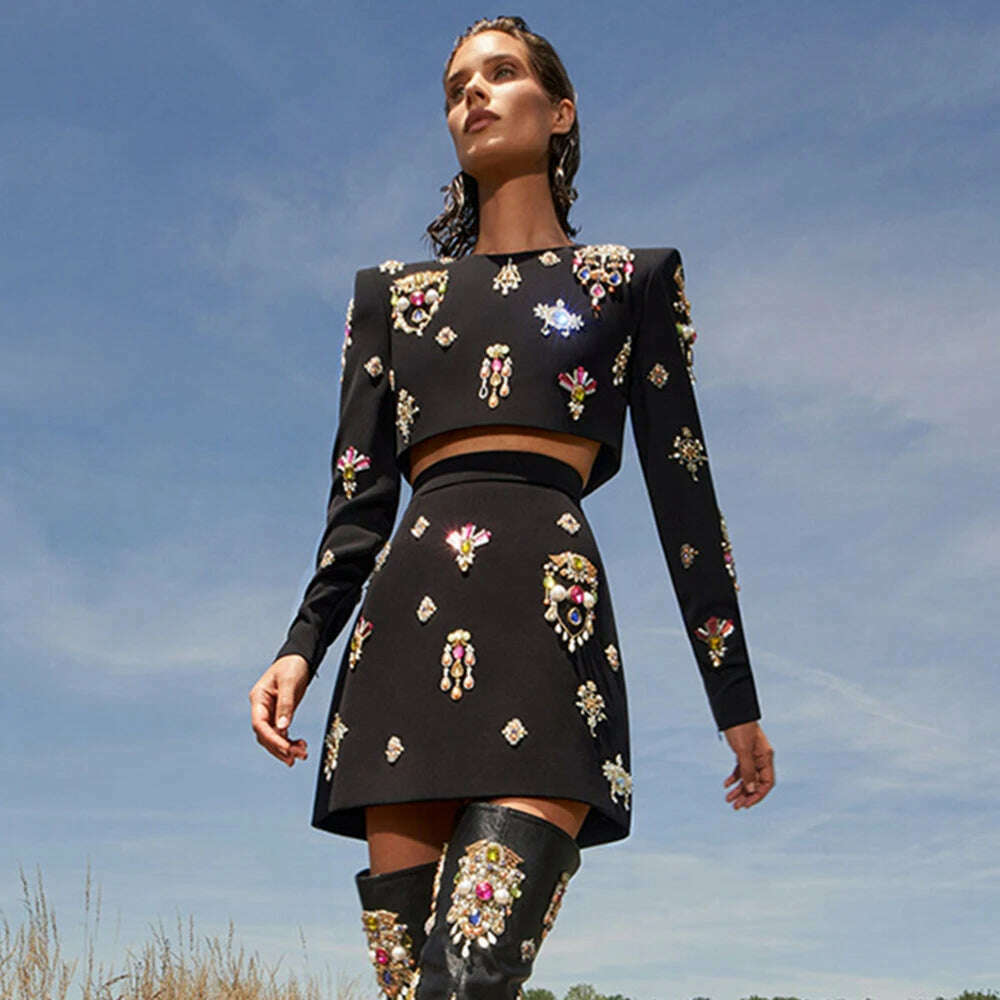 Ailigou 2023 New Autumn Women's High Quality Fashion Sexy Luxury Colorful Diamond Bead Short Top+Dress Black Two Piece Set - KIMLUD