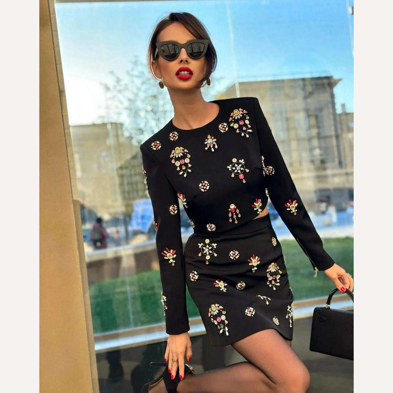 Ailigou 2023 New Autumn Women's High Quality Fashion Sexy Luxury Colorful Diamond Bead Short Top+Dress Black Two Piece Set - KIMLUD