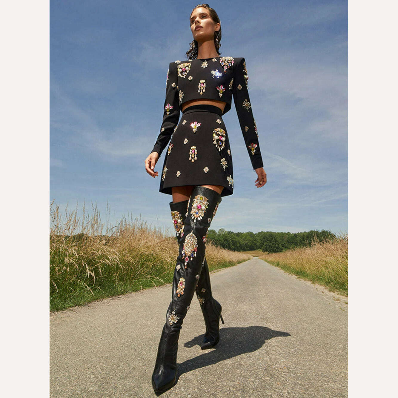 Ailigou 2023 New Autumn Women's High Quality Fashion Sexy Luxury Colorful Diamond Bead Short Top+Dress Black Two Piece Set - KIMLUD