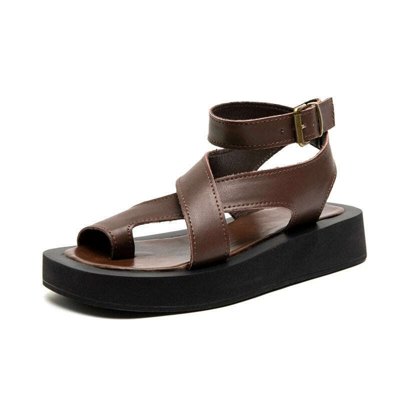 KIMLUD, AIYUQI Sandals Women Genuine Leather 2024 Summer New Clip Toe Sandals Ladies Roman Women Shoes Muffin Sandals WHS MTO, brown / 40, KIMLUD Womens Clothes