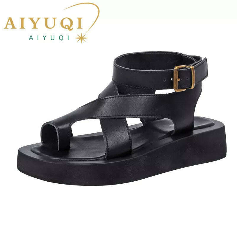 KIMLUD, AIYUQI Sandals Women Genuine Leather 2024 Summer New Clip Toe Sandals Ladies Roman Women Shoes Muffin Sandals WHS MTO, black / 43, KIMLUD Womens Clothes