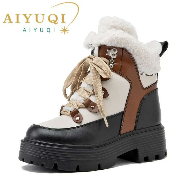 KIMLUD, AIYUQI Women Snow Boots Genuine Leather 2023 New Platform Winter Women Ankle Boots Large Size Warm Lace-up Women Marton Booties, KIMLUD Womens Clothes