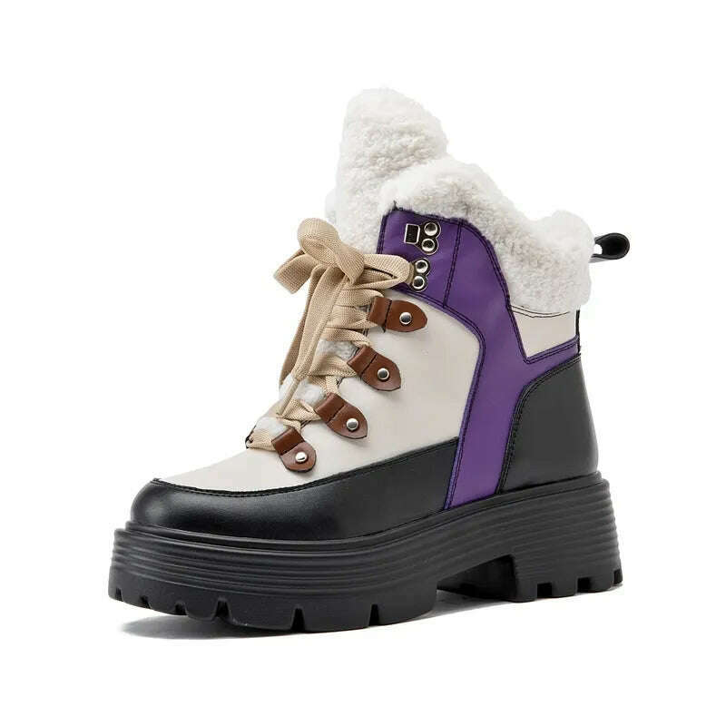KIMLUD, AIYUQI Women Snow Boots Genuine Leather 2023 New Platform Winter Women Ankle Boots Large Size Warm Lace-up Women Marton Booties, purple / 35 / China, KIMLUD Women's Clothes