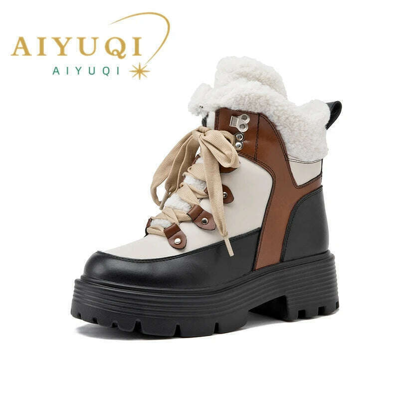 KIMLUD, AIYUQI Women Snow Boots Genuine Leather 2023 New Platform Winter Women Ankle Boots Large Size Warm Lace-up Women Marton Booties, yellow / 35 / China, KIMLUD Women's Clothes
