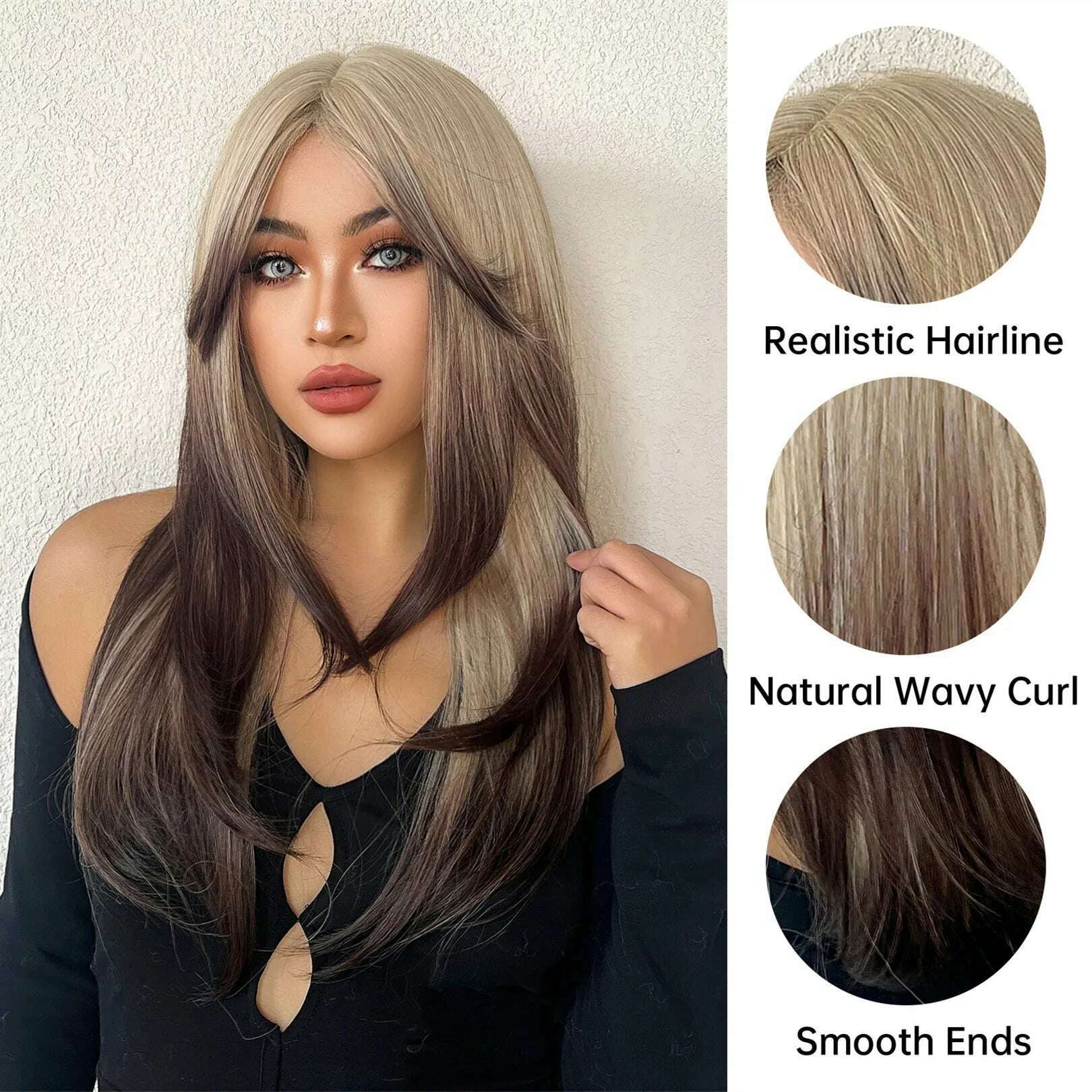 KIMLUD, ALAN EATON Blonde to Brown Layered Wigs with Bangs Long Straight Synthetic Wig Heat Resistant Fiber Ombre Wigs for Daily Party, KIMLUD Womens Clothes