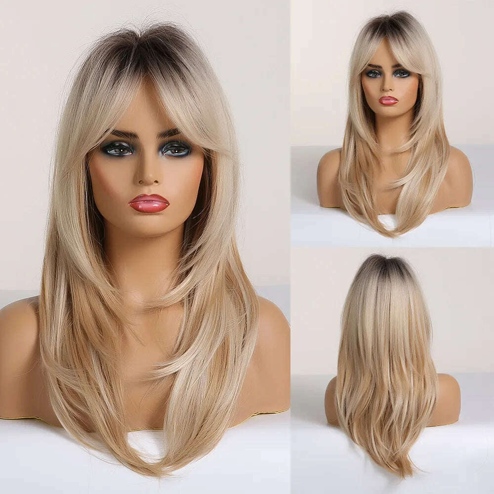 KIMLUD, ALAN EATON Blonde to Brown Layered Wigs with Bangs Long Straight Synthetic Wig Heat Resistant Fiber Ombre Wigs for Daily Party, LC259-1 / CHINA, KIMLUD Womens Clothes