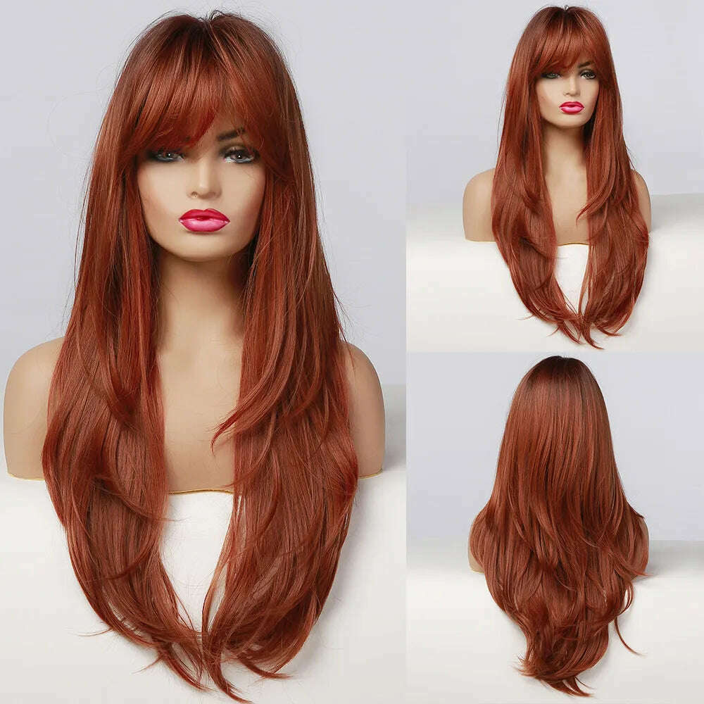 KIMLUD, ALAN EATON Blonde to Brown Layered Wigs with Bangs Long Straight Synthetic Wig Heat Resistant Fiber Ombre Wigs for Daily Party, LC015-1 / CHINA, KIMLUD Womens Clothes