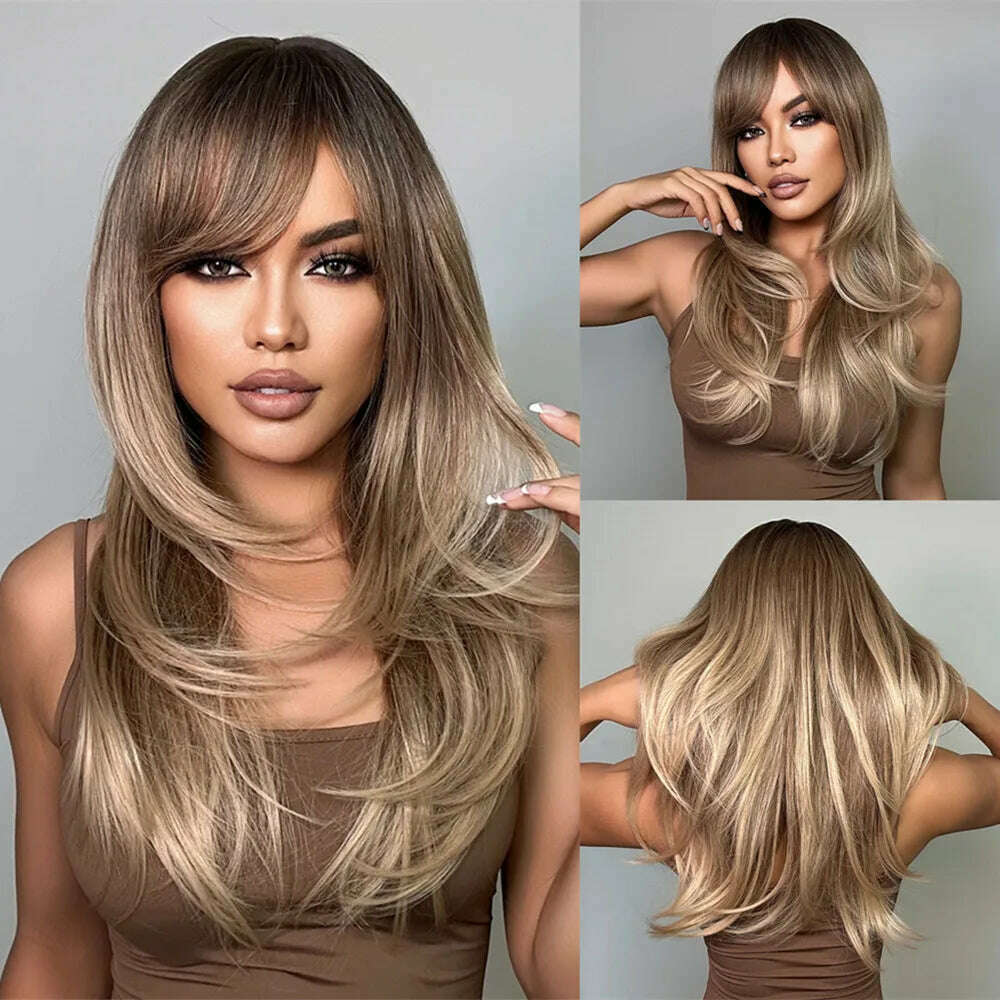 KIMLUD, ALAN EATON Blonde to Brown Layered Wigs with Bangs Long Straight Synthetic Wig Heat Resistant Fiber Ombre Wigs for Daily Party, LC259-5 / CHINA, KIMLUD Womens Clothes