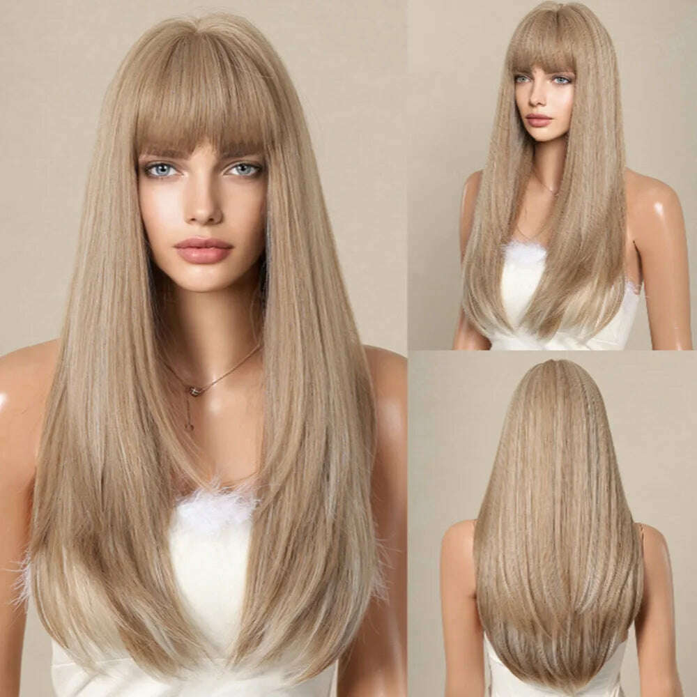 KIMLUD, ALAN EATON Blonde to Brown Layered Wigs with Bangs Long Straight Synthetic Wig Heat Resistant Fiber Ombre Wigs for Daily Party, LC2163-3 / CHINA, KIMLUD Womens Clothes