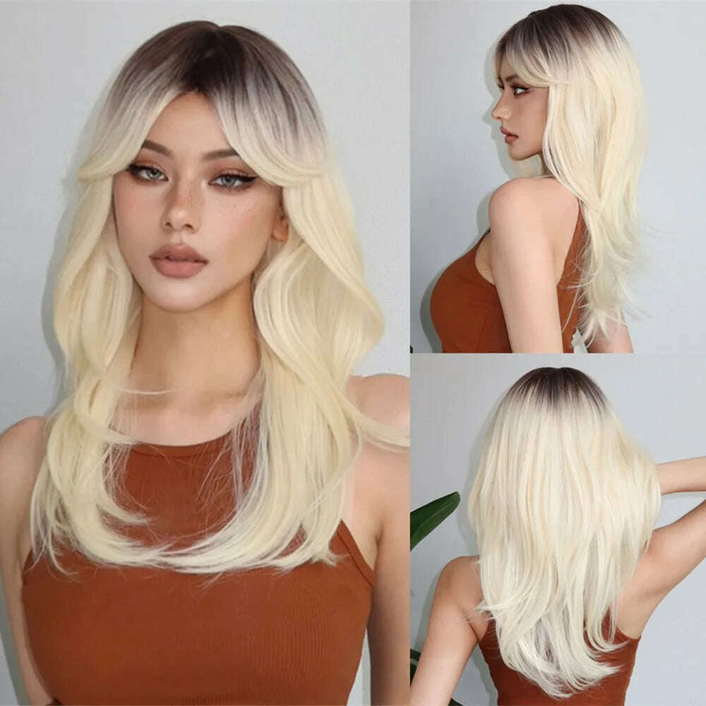 KIMLUD, ALAN EATON Blonde to Brown Layered Wigs with Bangs Long Straight Synthetic Wig Heat Resistant Fiber Ombre Wigs for Daily Party, WL1161-1 / CHINA, KIMLUD Womens Clothes