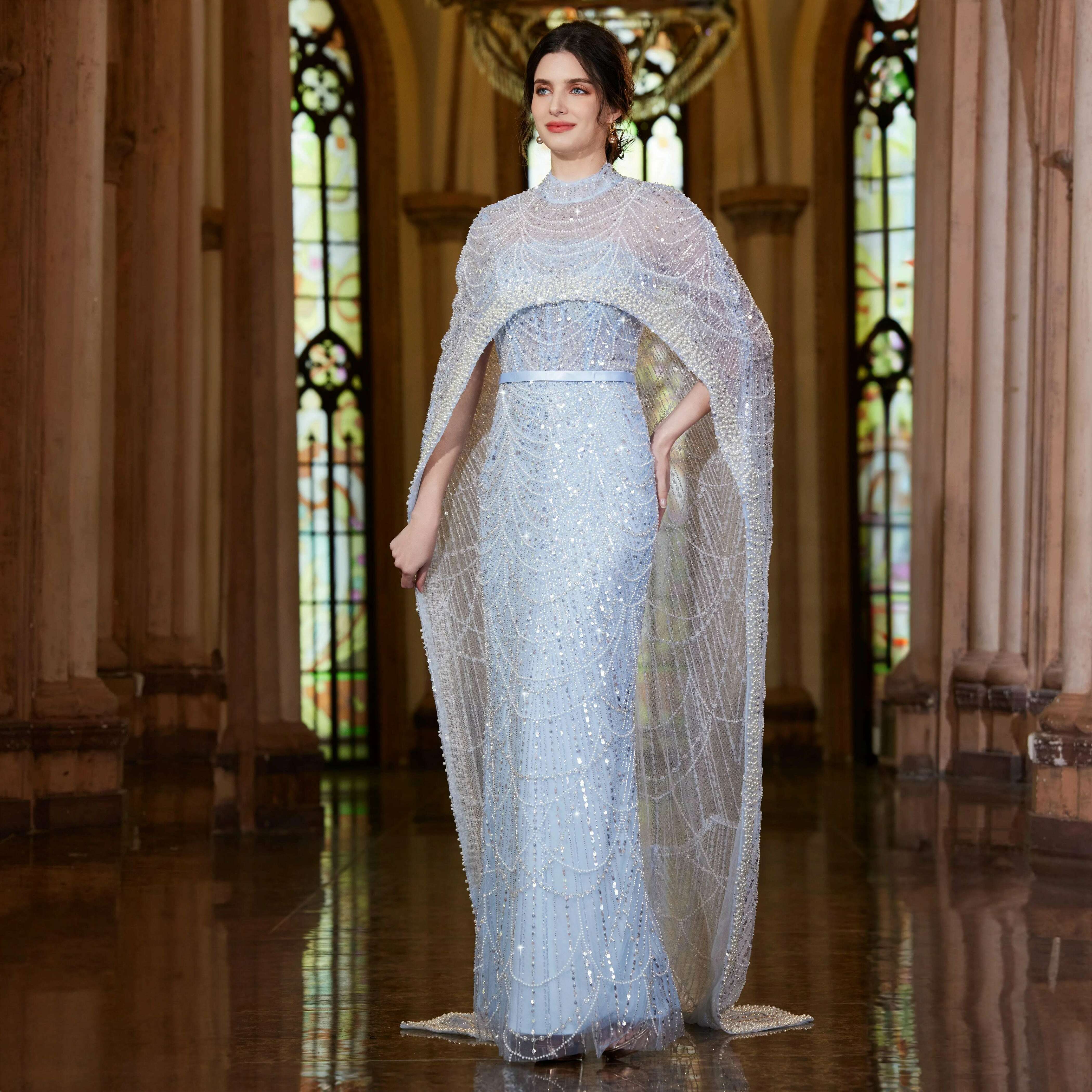 KIMLUD, Alice CollectionPro Dubai Arabic Champagne Long Evening Dress 2024 Women's Prom Evening Dresses Gown with Cape Luxury Customized, KIMLUD Womens Clothes