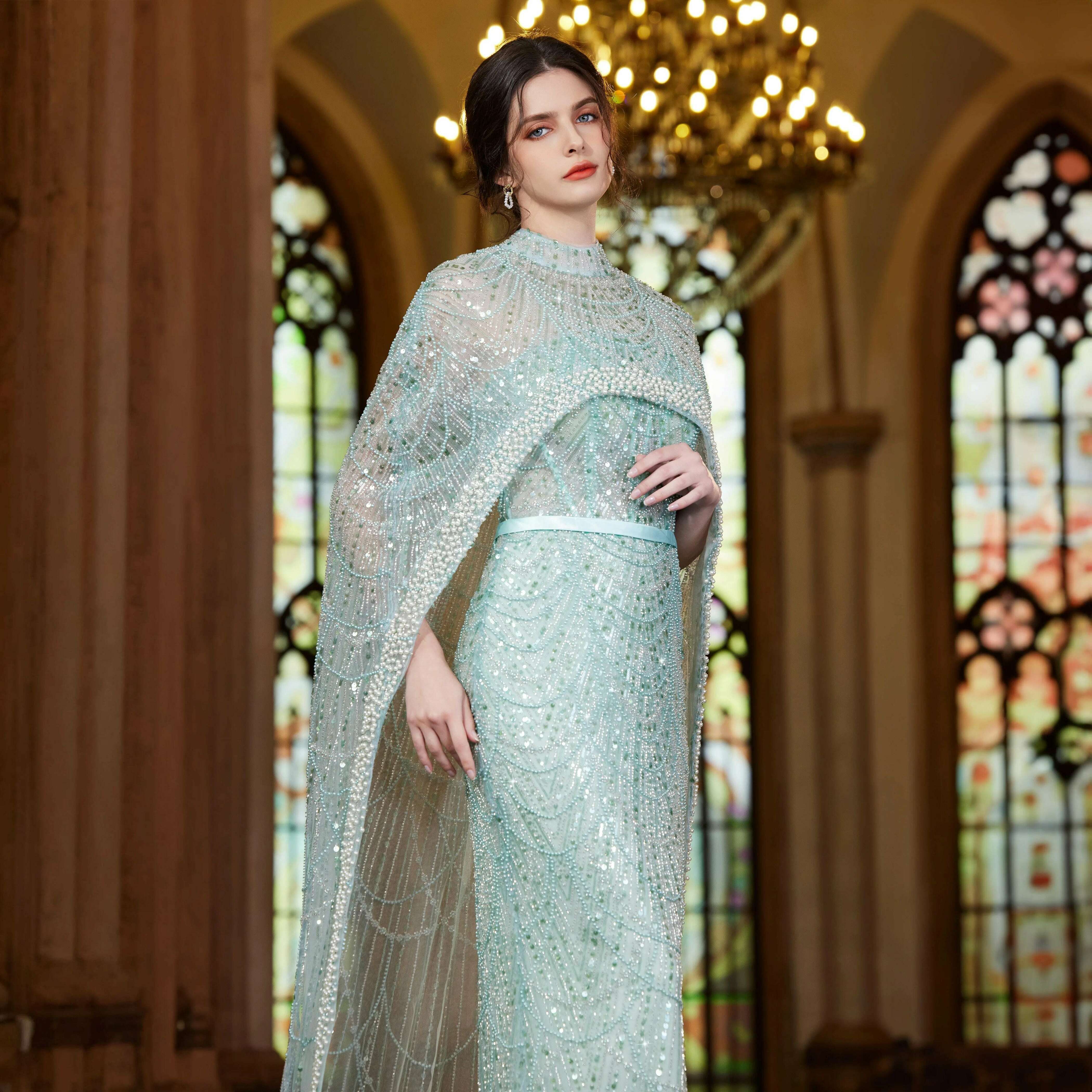 KIMLUD, Alice CollectionPro Dubai Arabic Champagne Long Evening Dress 2024 Women's Prom Evening Dresses Gown with Cape Luxury Customized, KIMLUD Womens Clothes