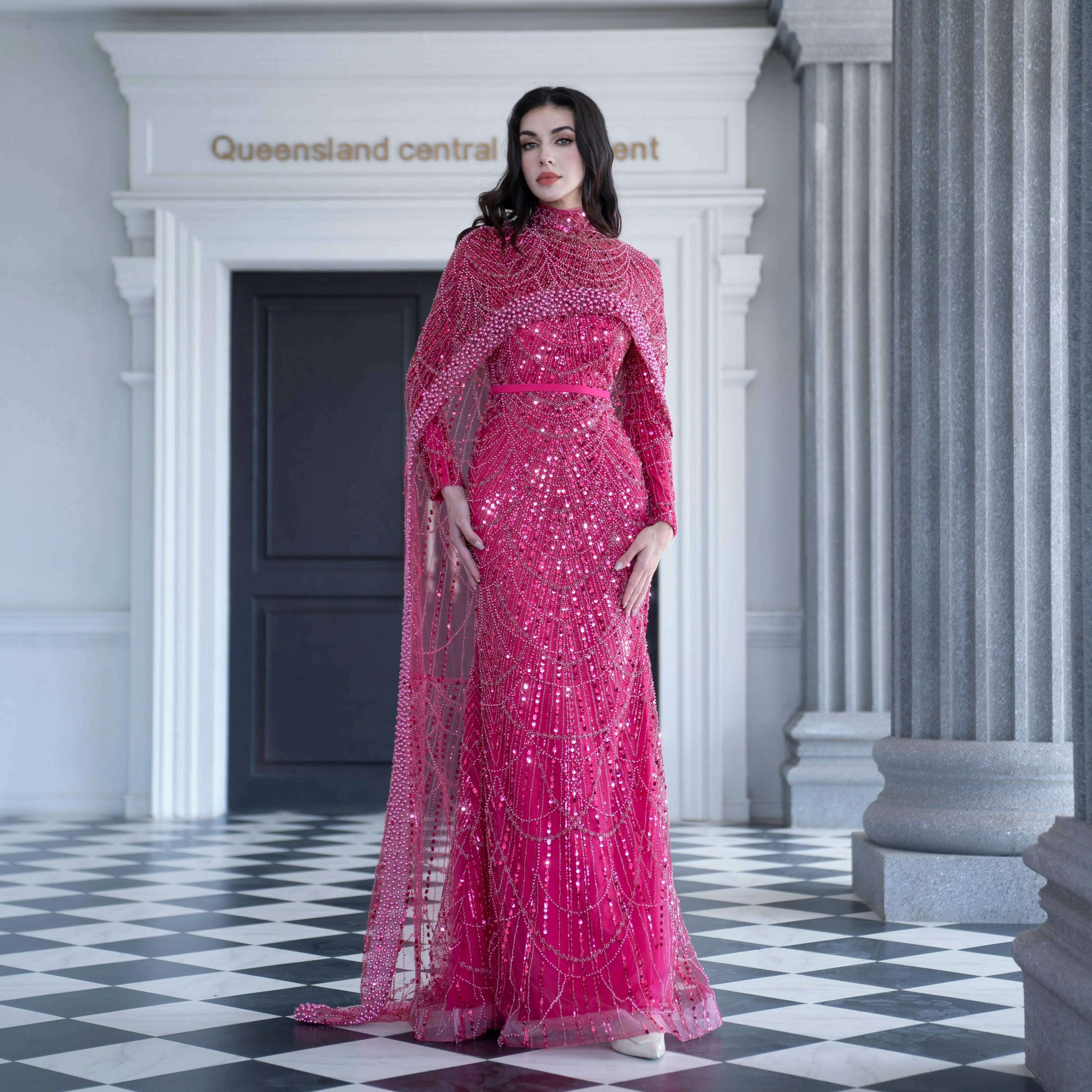 KIMLUD, Alice CollectionPro Dubai Arabic Champagne Long Evening Dress 2024 Women's Prom Evening Dresses Gown with Cape Luxury Customized, Long Sleeves Fuchsia / 24 / CHINA, KIMLUD APPAREL - Womens Clothes