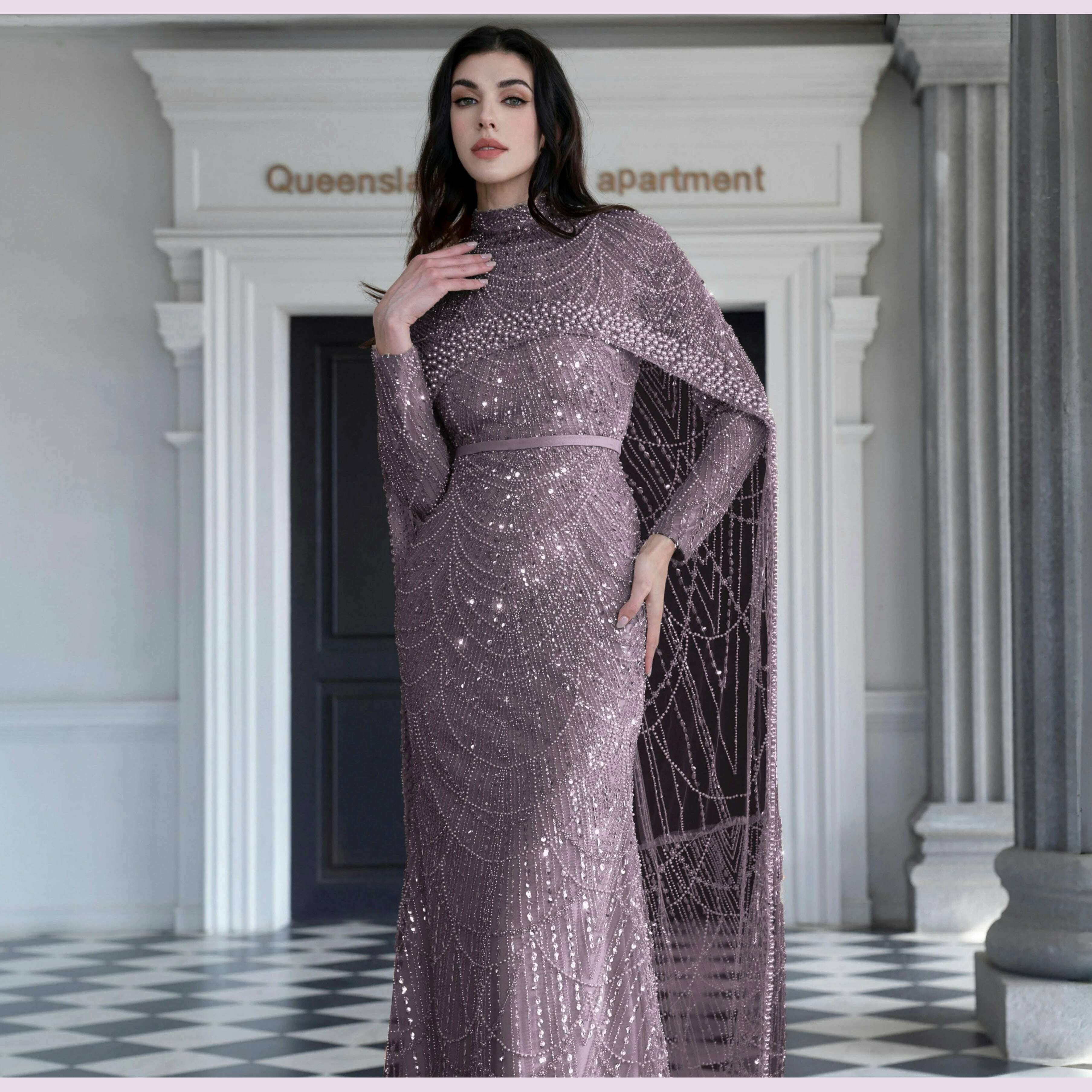 KIMLUD, Alice CollectionPro Dubai Arabic Champagne Long Evening Dress 2024 Women's Prom Evening Dresses Gown with Cape Luxury Customized, Long Sleeves Purple / 8 / CHINA, KIMLUD APPAREL - Womens Clothes