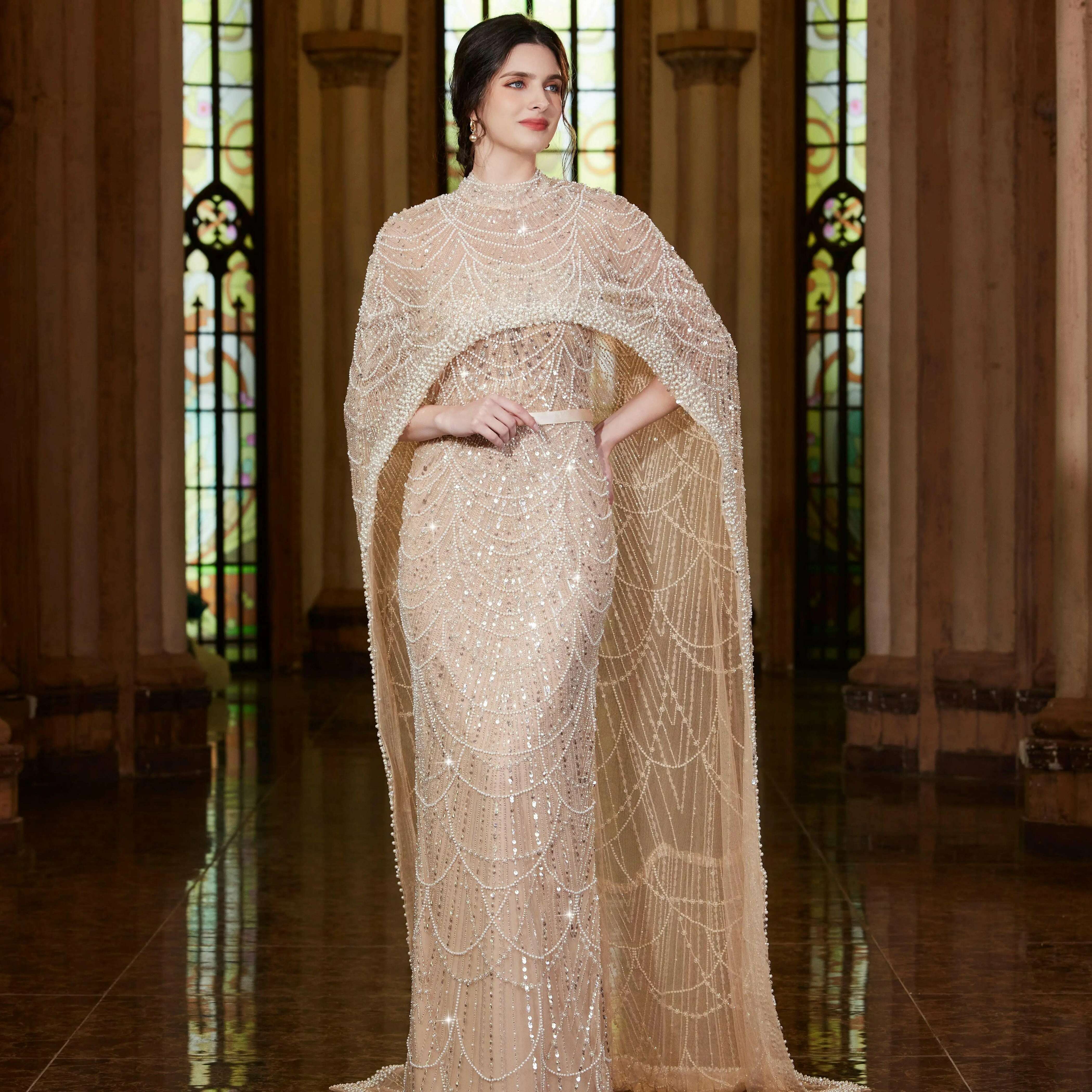 KIMLUD, Alice CollectionPro Dubai Arabic Champagne Long Evening Dress 2024 Women's Prom Evening Dresses Gown with Cape Luxury Customized, Champagne / 10 / CHINA, KIMLUD APPAREL - Womens Clothes