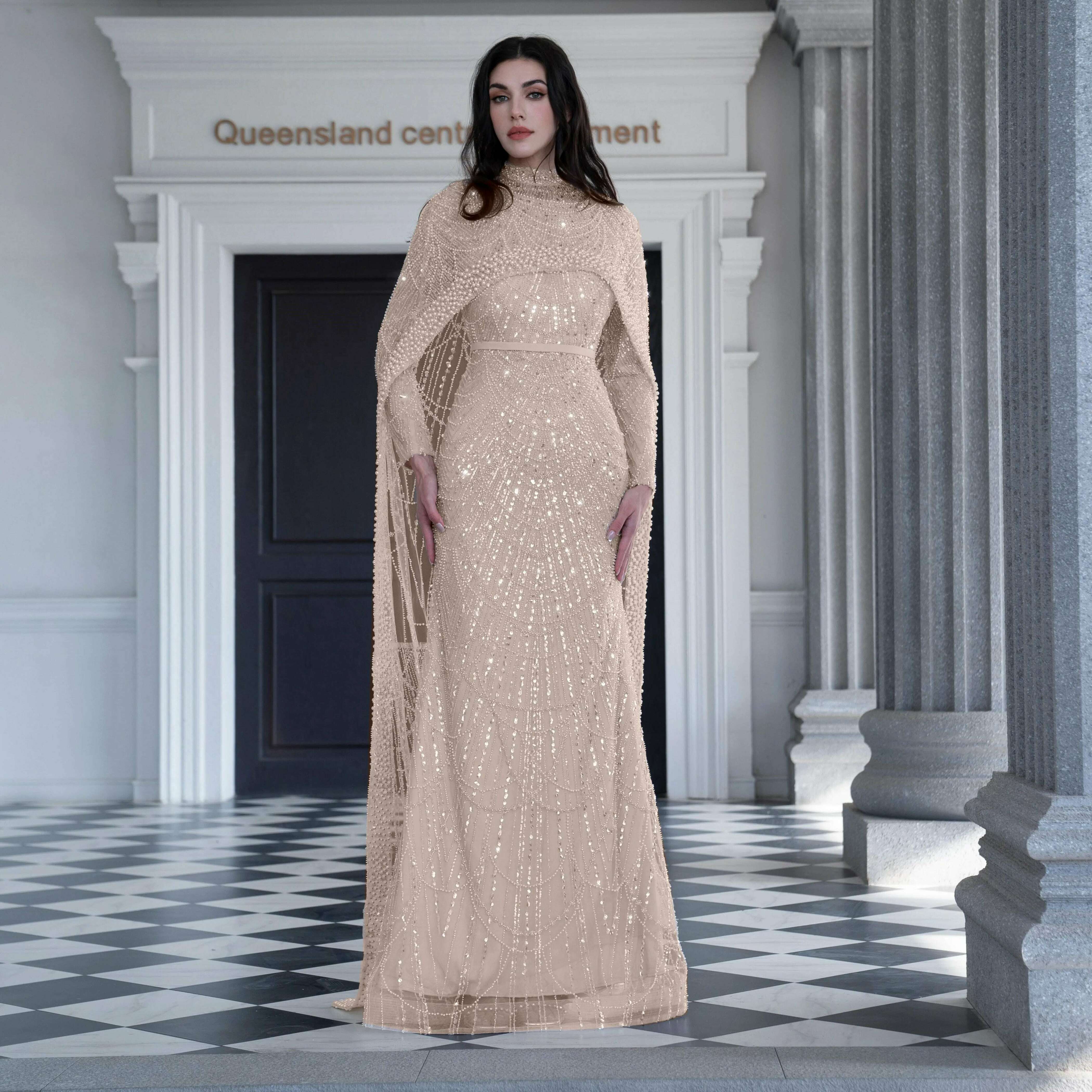 KIMLUD, Alice CollectionPro Dubai Arabic Champagne Long Evening Dress 2024 Women's Prom Evening Dresses Gown with Cape Luxury Customized, Long Sleeves Nude / 8 / CHINA, KIMLUD APPAREL - Womens Clothes